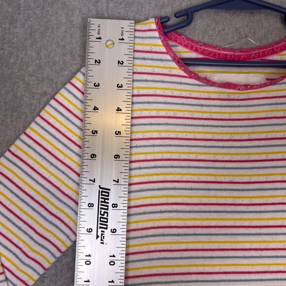 Mini Boden Shirt Girls 11/12 Pink Blue Stripe Pointelle Lace Trim Long Sleeve - Picture 2 of 10